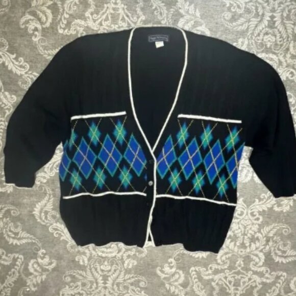 Vintage Maggie McNaughton 3XL Argyle Cardigan Sweater Black Women’s - Picture 1 of 5